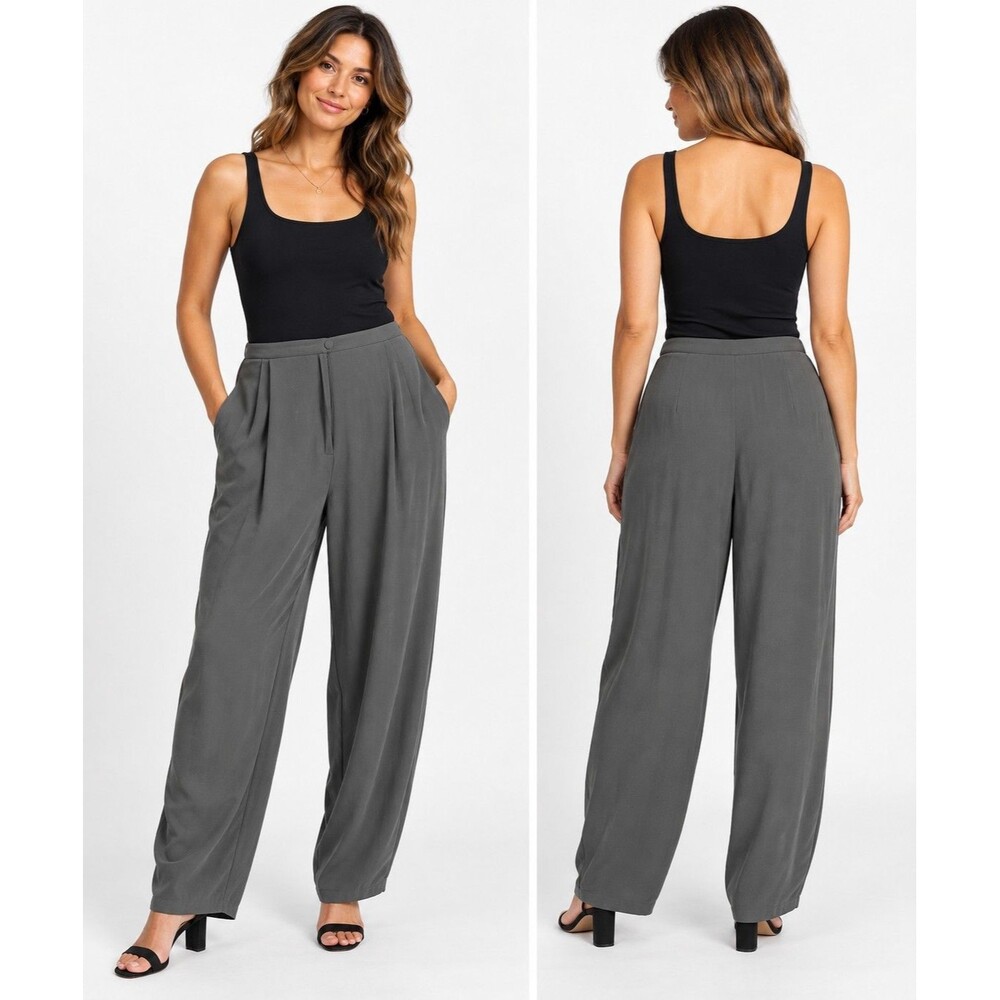 Eileen Fisher Silk Double Crepe Wide-Leg Pants Gray Pewter Size L